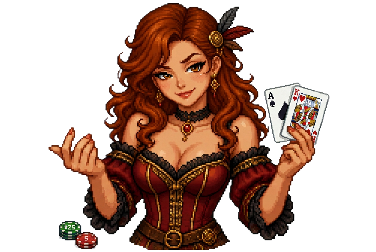 Lucky Lucy, the house dealer, holding a blackjack of ace and king and beckoning you to the table